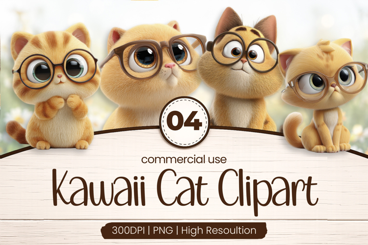 Nerdy Kawaii Cat Friends Clipart Sublimation PNG