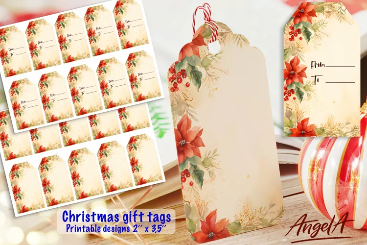 Merry Christmas printable gift tags, retro floral tags
