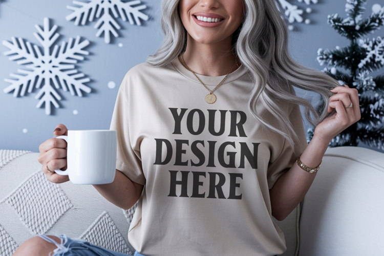 Ivory Comfort Colors 1717 Christmas Shirt Mockup, Coz