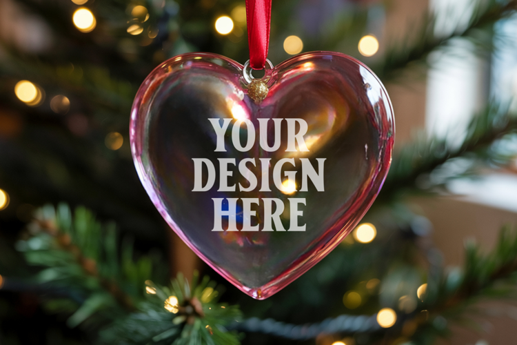 Christmas Heart Crystal Glass Ornament Mockup | Clear Heart