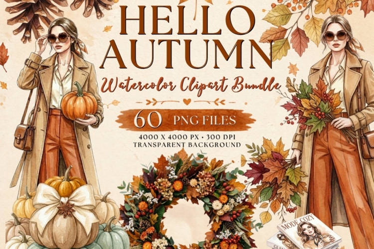 Hello Autumn Watercolor Clipart Bundle, Fall Leaves Pumpkin