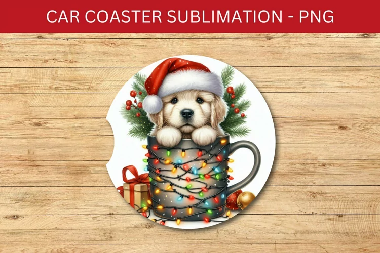 rounded car coaster - puppy in the mug