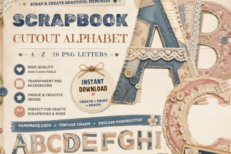 Scrapbook Cutout Alphabet PNG Bundle | Vintage Fabric