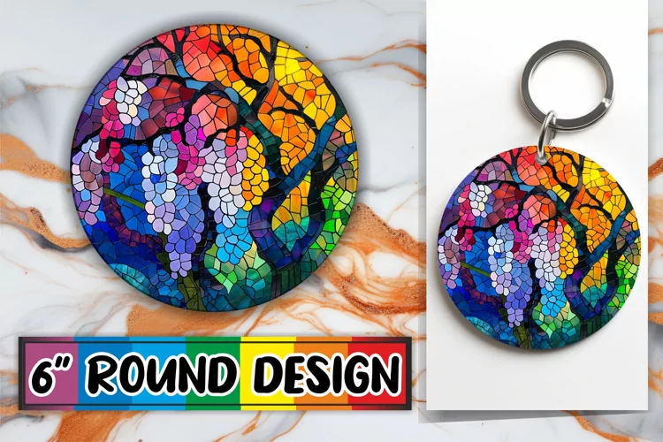 Stained Glass Tree Keychain Round Design Colorful Art