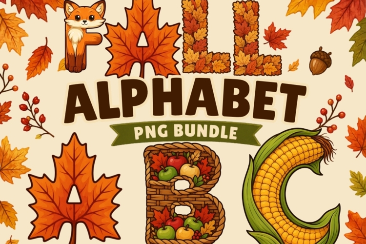 Fall Alphabet PNG Bundle | Autumn Letters A-Z | Harvest