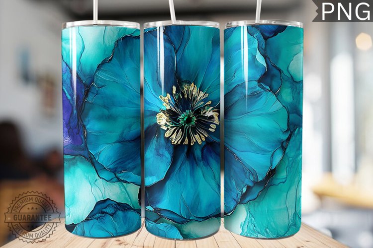 Teal Alcohol Ink Flower Tumbler Wrap -High Quality 300 Dpi