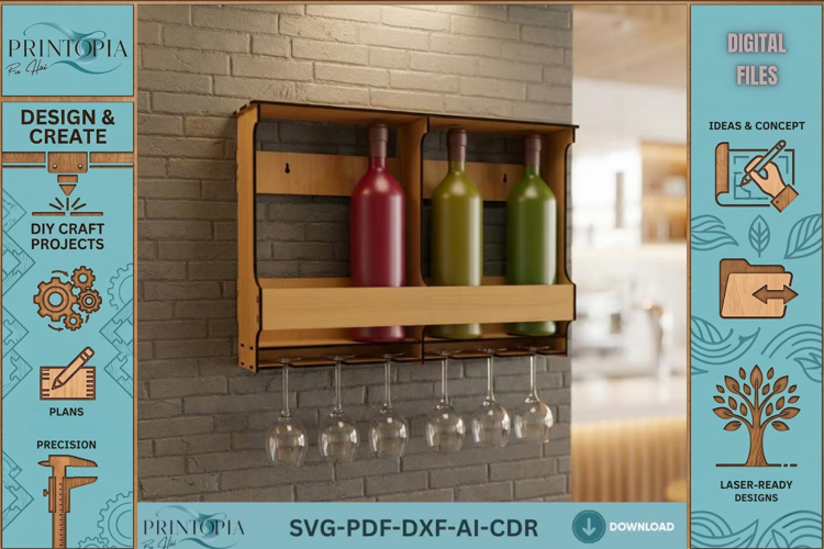Wall Mounted Wine Rack with Glass Holder Modern Wood Wine Sh