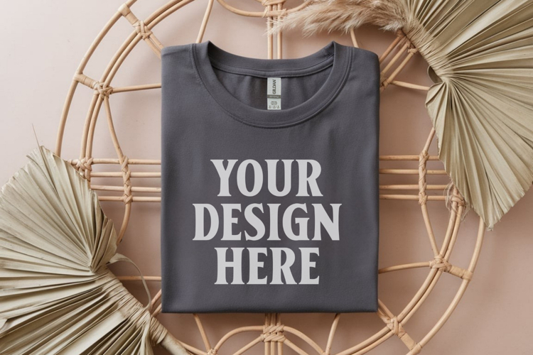 Gildan 64000 Charcoal Folded T-Shirt Mockup | Flat Lay Unise