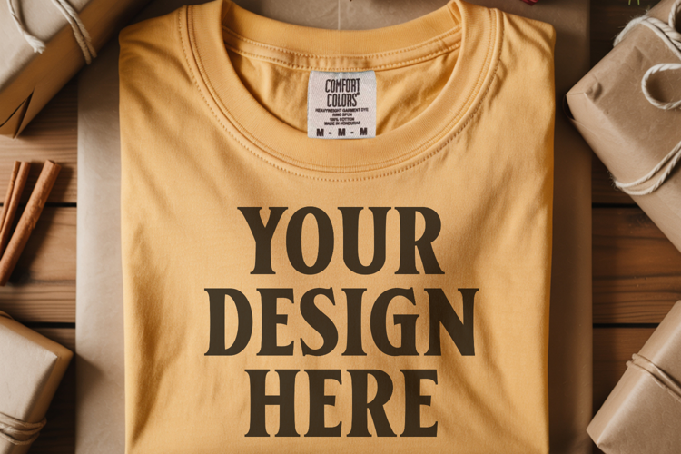 Mustard Comfort Colors 1717 Christmas Folded T-Shirt Mockup