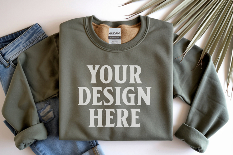 Military Green Gildan 18000 Folded Flat Lay Mockups