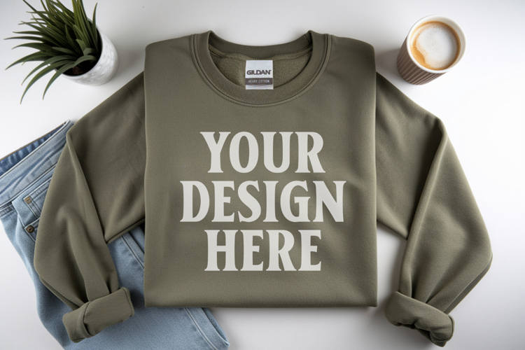 Military Green Gildan 18000 Folded Flat Lay Mockups