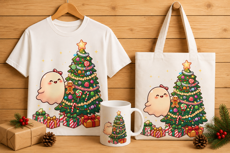 Cute Ghost Decorating Christmas Tree Art Print