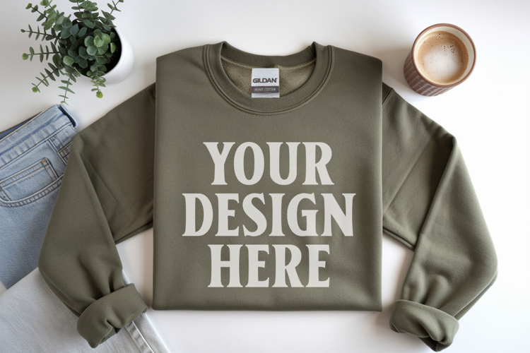 Military Green Gildan 18000 Folded Flat Lay Mockups