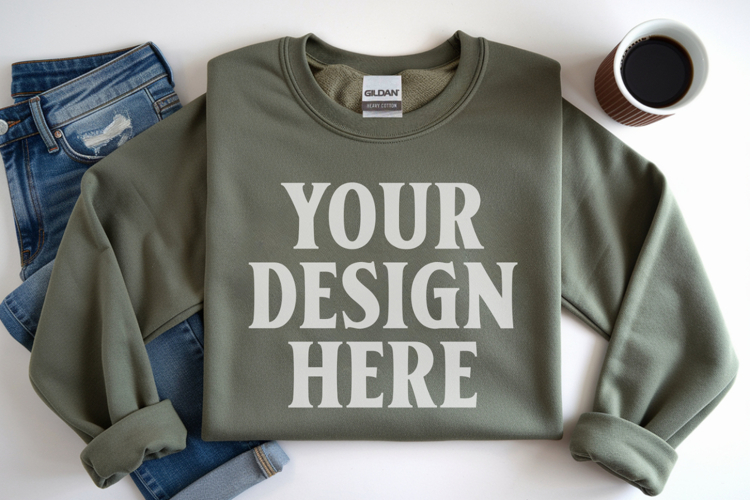 Military Green Gildan 18000 Folded Flat Lay Mockups
