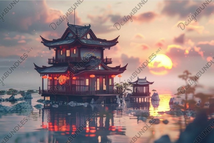 Serene asian pagoda at sunset