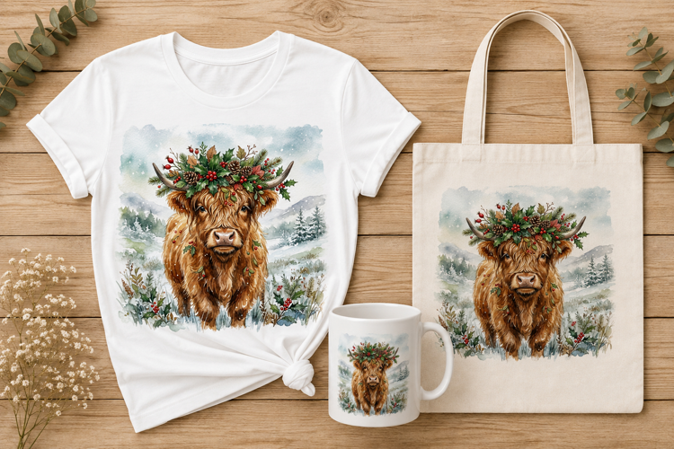 Highland Cow Holly Berry Winter Wreath Watercolor Art