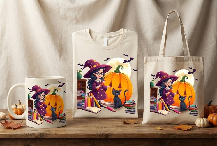 Cute Witch Teacher Halloween PNG with Pumpkin & Black Cat