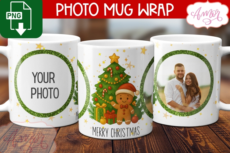 Christmas photo mug wrap PNG, Gingerbread man mug template