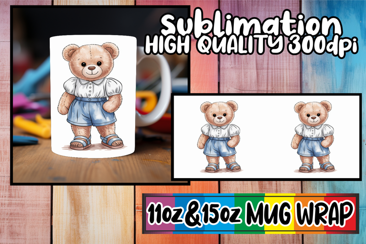 Timeless charm sublimation 11oz 15oz mug wrap, Teddy Bear