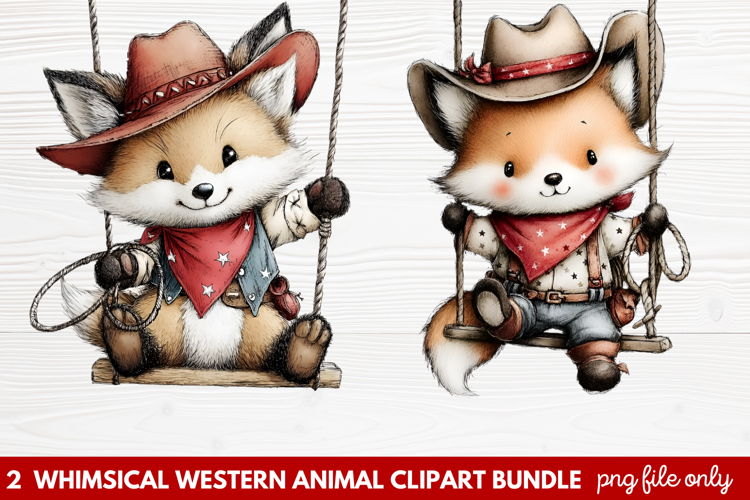 2 Whimsical Western Animal Clipart | Cute Cowboy Animals PNG