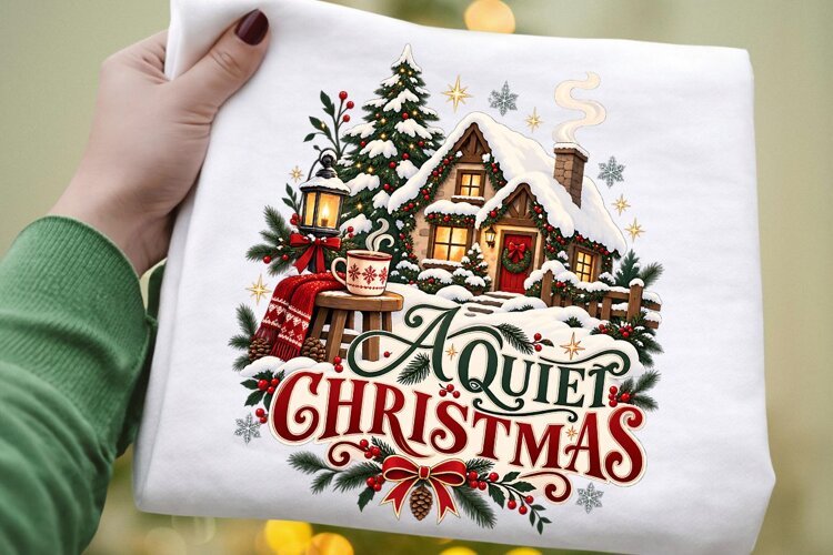 A Quiet Christmas PNG, Cozy Snowy Cottage Holiday Design example image 1