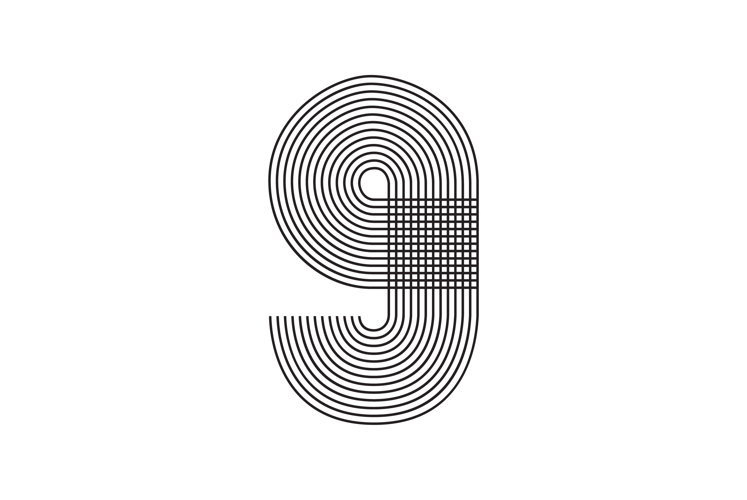 Number nine 9 linear in black thin striped lines isolated