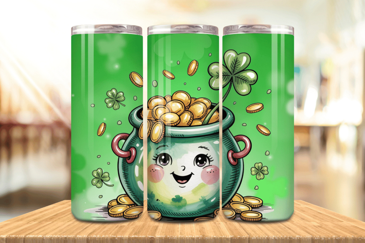Cute Pot of Gold Smiling Tumbler Wrap PNG Sublimation Design