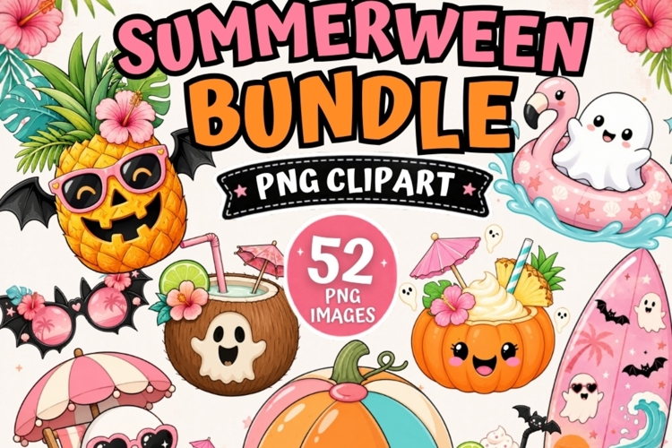 Summerween Clipart PNG Bundle | Cute Spooky Beach Halloween