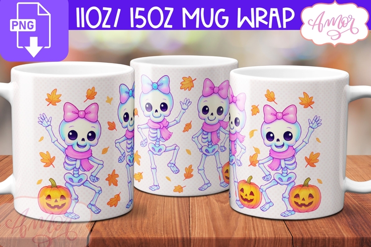 Halloween Season mug wrap PNG, Cute Skeleton mug PNG