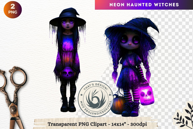 Neon Haunted Witches Clipart, Spooky Kawaii Halloween PNG