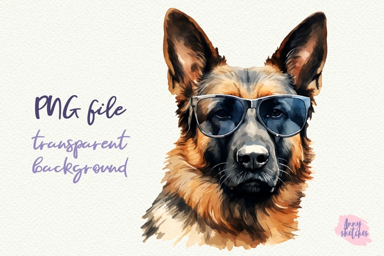 German Shepherd in Sunglasses Cool Dog Watercolor Clipart