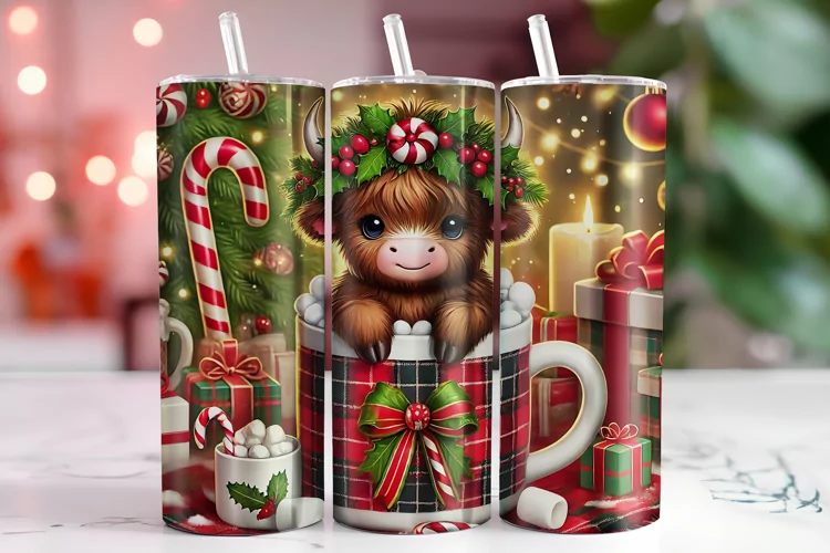 Christmas Highland Cow Tumbler Wrap | Sublimation | Tumblers