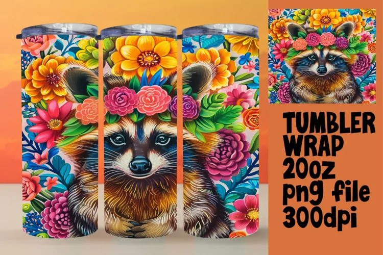 Tumbler Wrap: Colorful Raccoon & Blooming Flowers