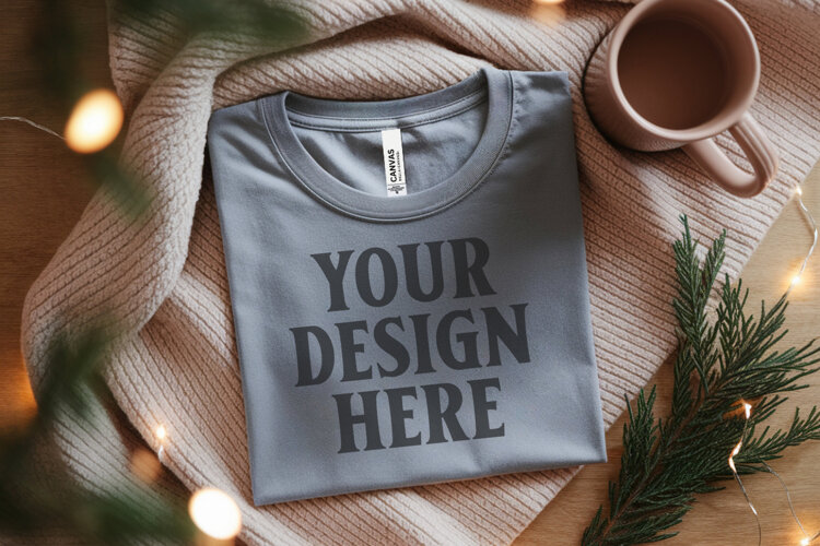 Christmas Bella Canvas 3001 Ash Folded Tshirt Mockup example image 1