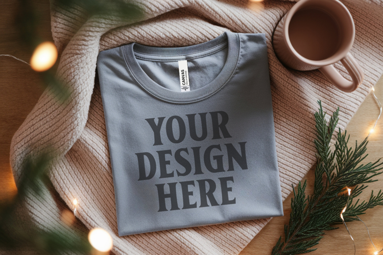 Christmas Bella Canvas 3001 Ash Folded Tshirt Mockup