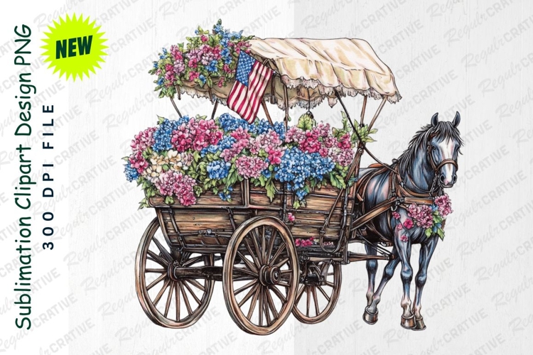 Horse Drawn Carriage Filled With Hydrangeas Clipart