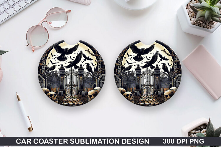 Two black birds Car Coaster Sublimation | Halloween Coaster example image 1