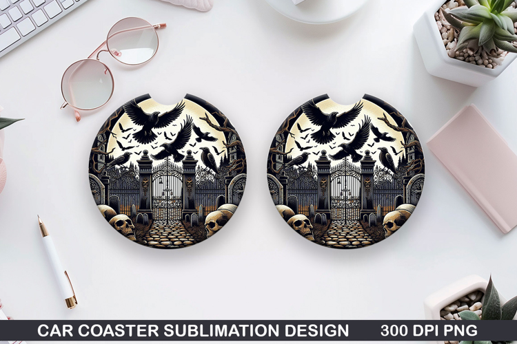 Two black birds Car Coaster Sublimation | Halloween Coaster