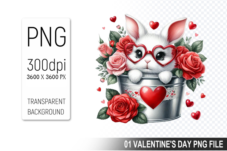 Valentines Bunny in Bucket, Animal Graphic For Crafts
