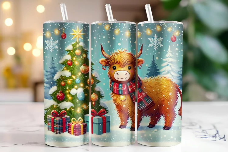 Christmas Highland Cow Tumbler Wrap | Sublimation | Tumblers