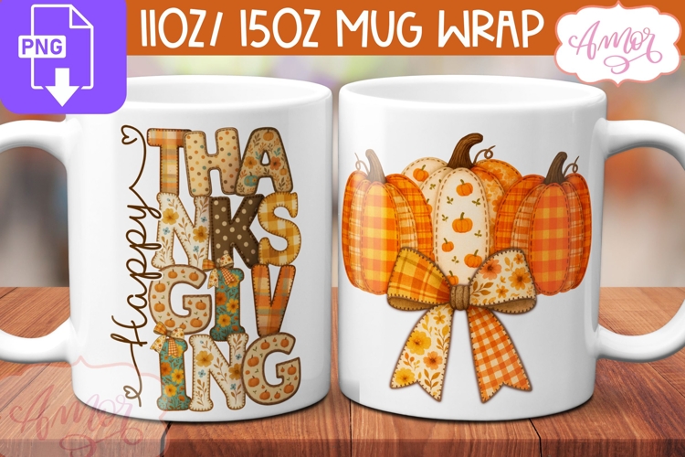 Happy Thanksgiving mug wrap PNG, Fall mug template