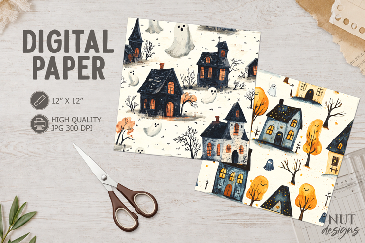 Haunted House Halloween Digital Paper Cute Ghost