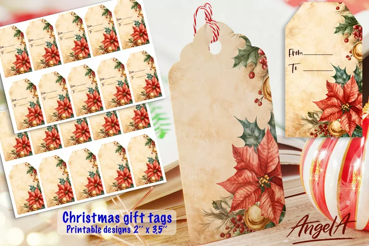 Merry Christmas printable gift tags, floral tags, poinsettia