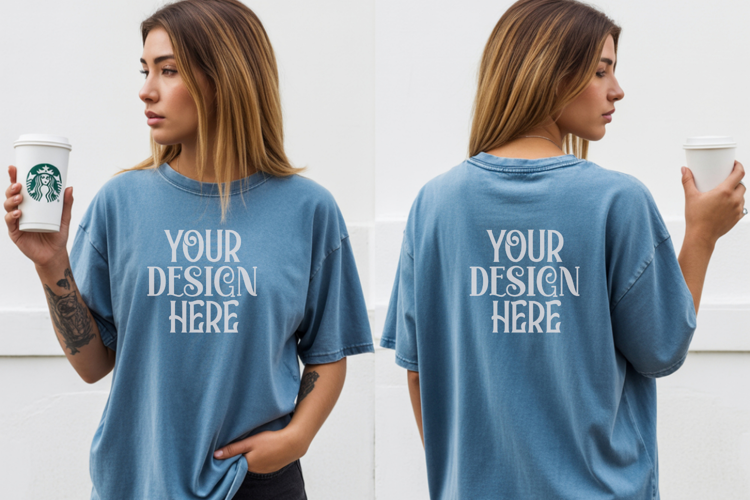 Comfort Colors 1717 Blue Jean Front & back T shirt mockups