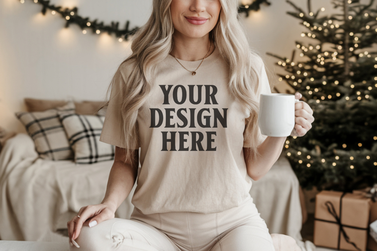 Comfort Colors 1717 Ivory Christmas T-Shirt Mockup, Boho