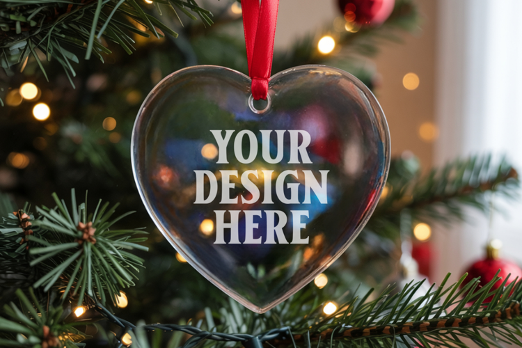 Christmas Heart Crystal Glass Ornament Mockup | Clear Heart