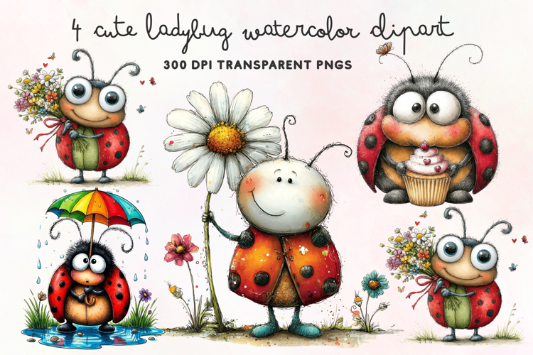 Cute Ladybug Watercolor Clipart PNG
