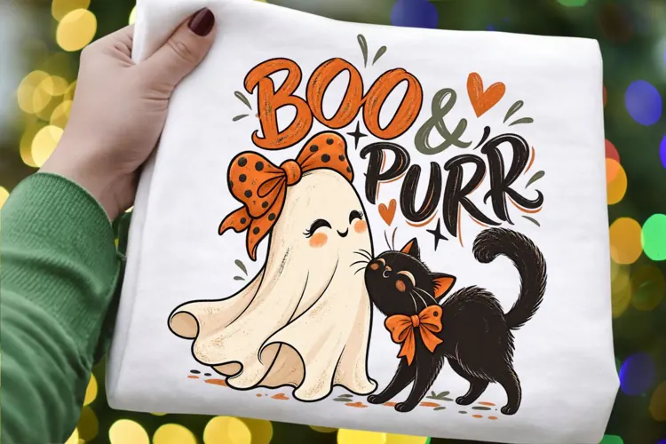 Boo and Purr Halloween PNG, Cute Ghost and Black Cat Pumpkin