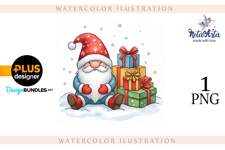 Christmas Gnome Santa with a Sheep in Watercolor Style