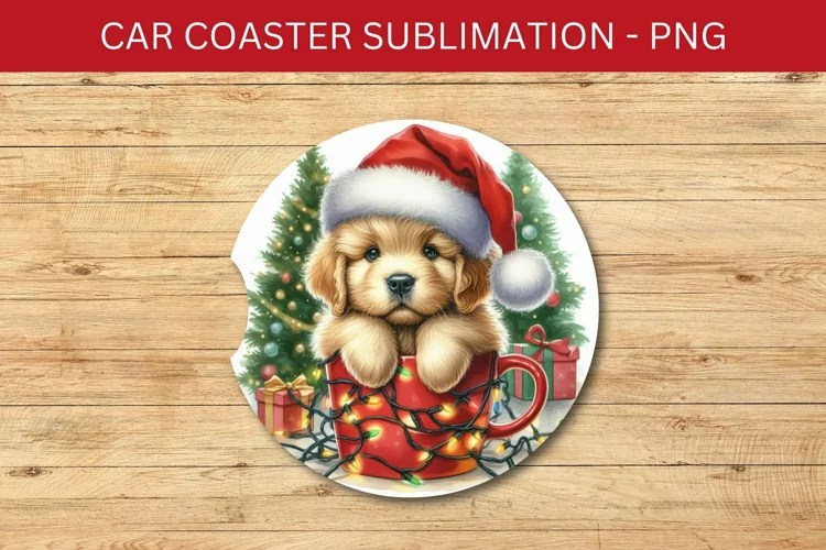 rounded car coaster - puppy in the mug